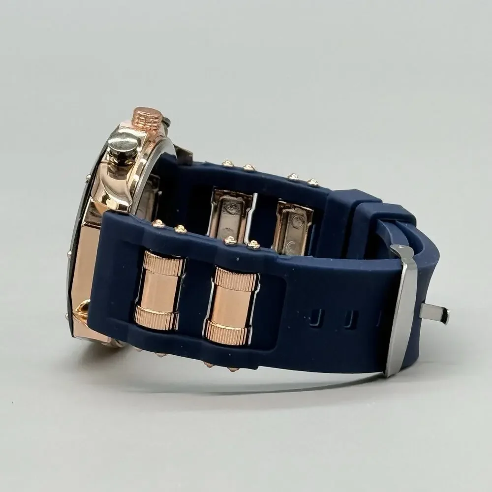 Mens Navy Blue Rose Gold Watch Silicone Strap Industrial Bolled Bezel Sport New